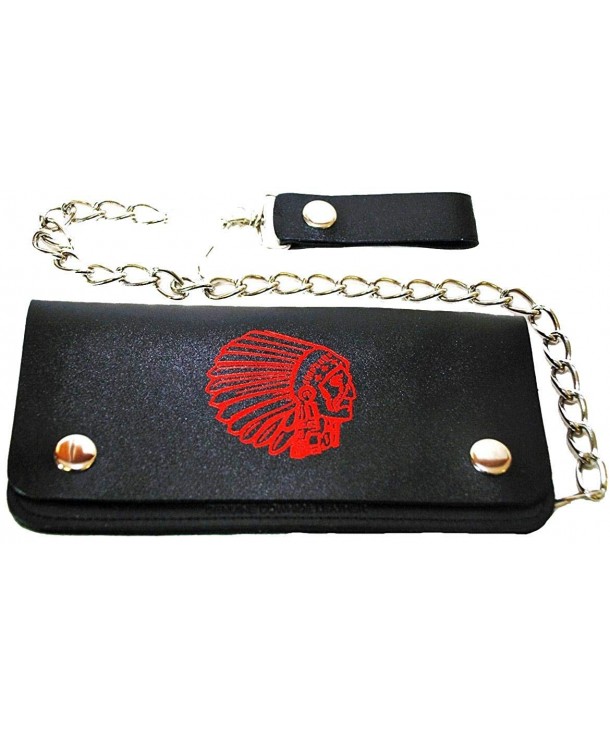 Men's Biker Leather Wallet Chain Bi Fold with Red Indian Chief's Head ...