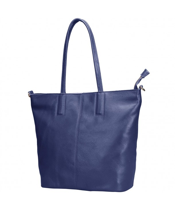 Women's Soft Leather Tote Bag with Shoulder Strap - Dark Blue- Zipper ...