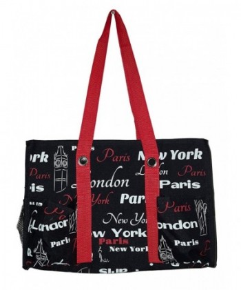 7 Pocket Fashion Print Tote Utility Bag (NY- Paris-London Print - Black ...