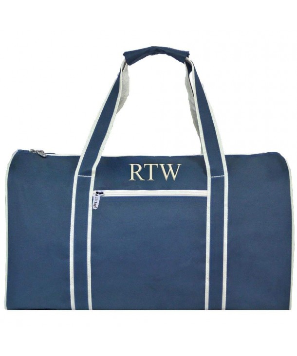 Personalized Unisex Navy Blue Duffle Bag with Beige Trim 17.5&quot; - C712NUFJ5EX