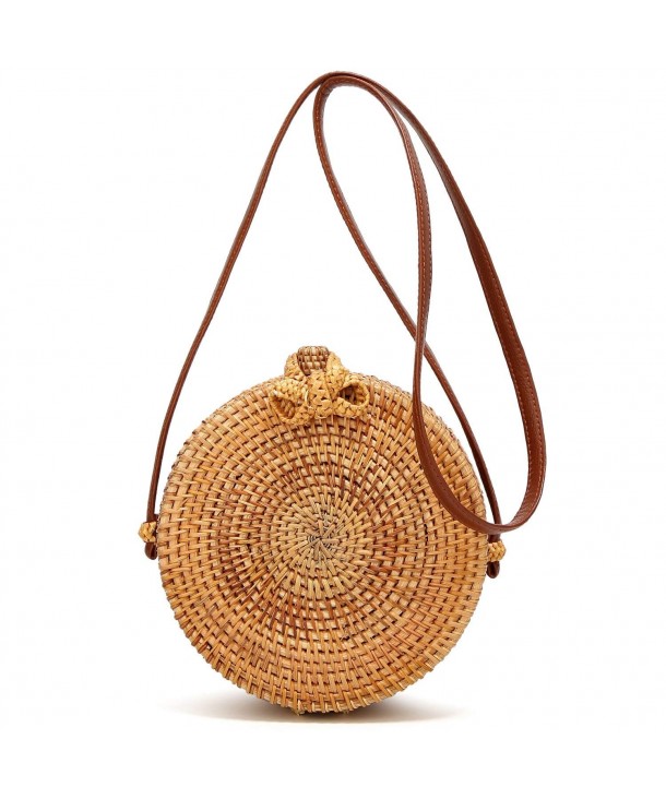 Handmade Rattan Straw Bag with Round Circle Shape and leather Shoulder Straps Crossbody Bags ...