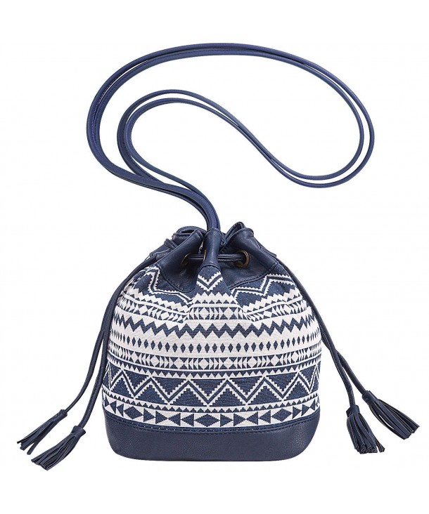 Drawstring Bucket Bag Small Crossbody Purse Canvas and PU - Blue Wave - C51857GXW3W