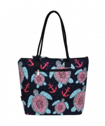 Sea Turtle Anchor Print Quilted Large Stripe Ribbon Tote Bag - Navy ...